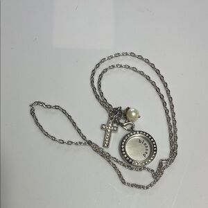 Silver-Tone 'Blessed' Pendant Necklace with Cross and Pearl Charm